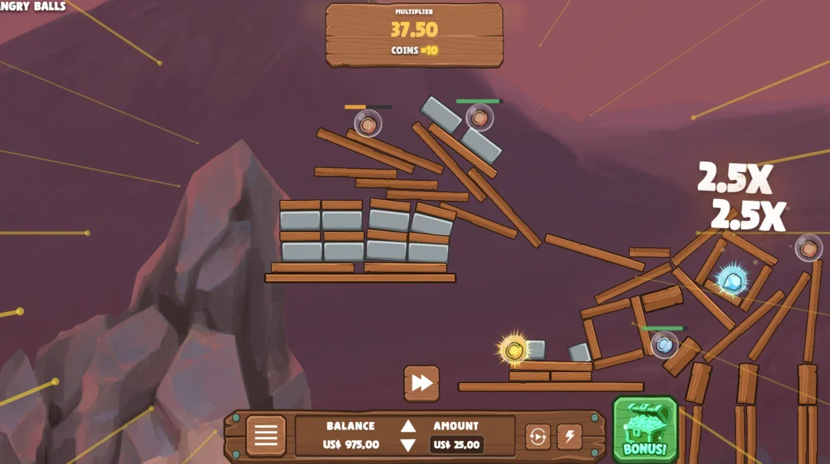 Игровой интерфейс Angry Balls crash game с множителем 37.50x и золотыми монетами